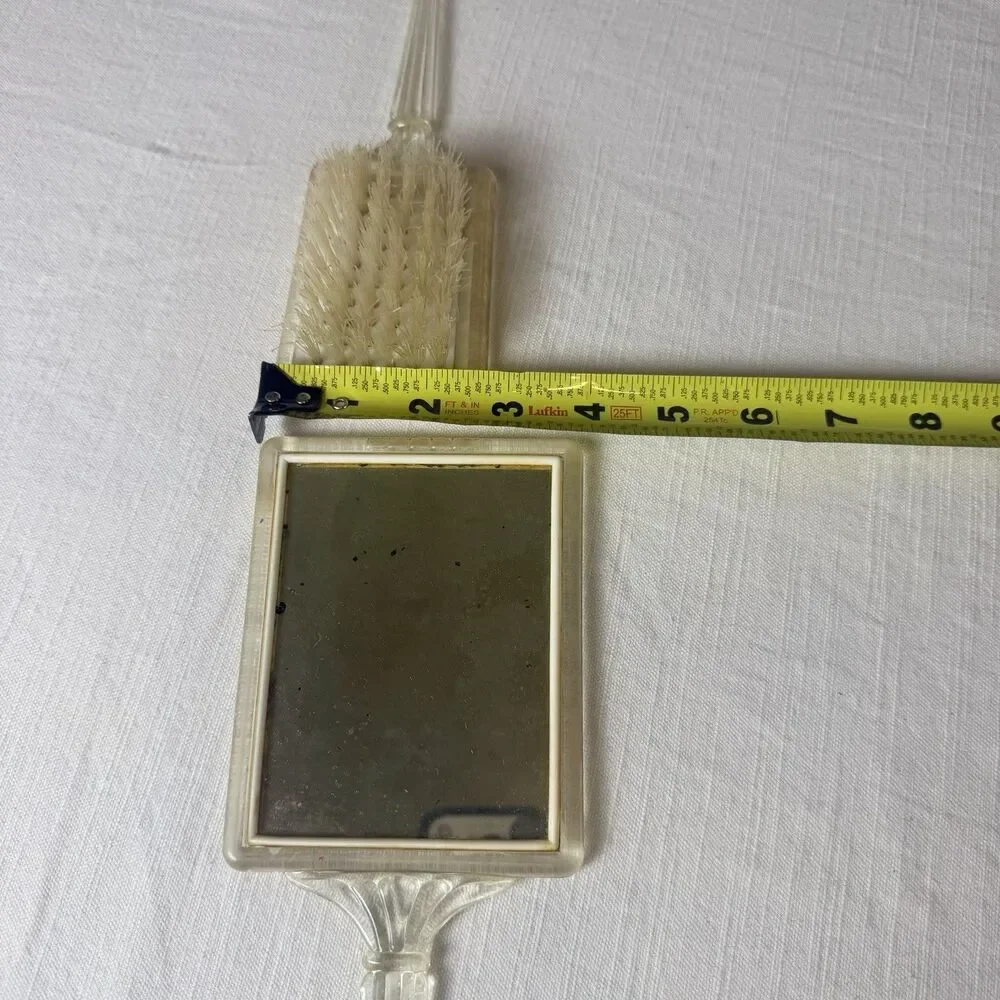 Vintage Vanity Set 2 Pieces Brush Handheld Mirror Lucite or Acrylic w/ Gold Foil